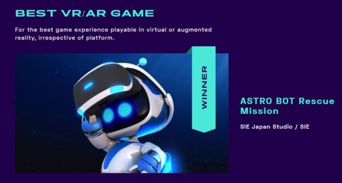 【PSVR】「ASTRO BOT」がThe Game Awards 2018でベストVR/ARゲーム賞を受賞